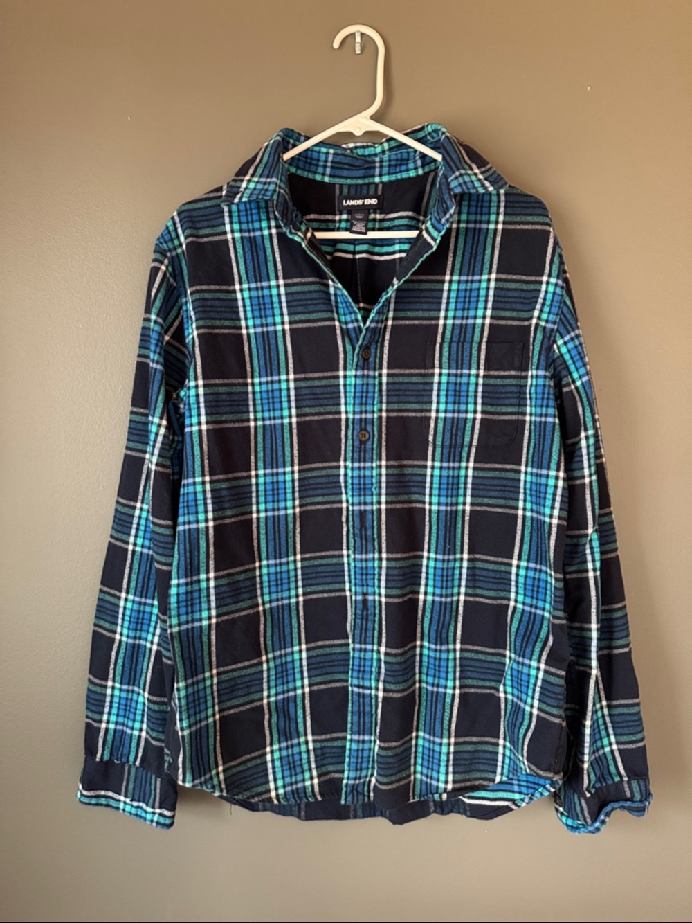 Lands' End Men's Navy and Teal Plaid Long-Sleeve Button-Down